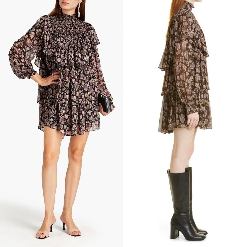 NWT CINQ A SEPT Boho Floral Ruffle Puffed Long Sleeve Smocked High‎ Neck Dress 8